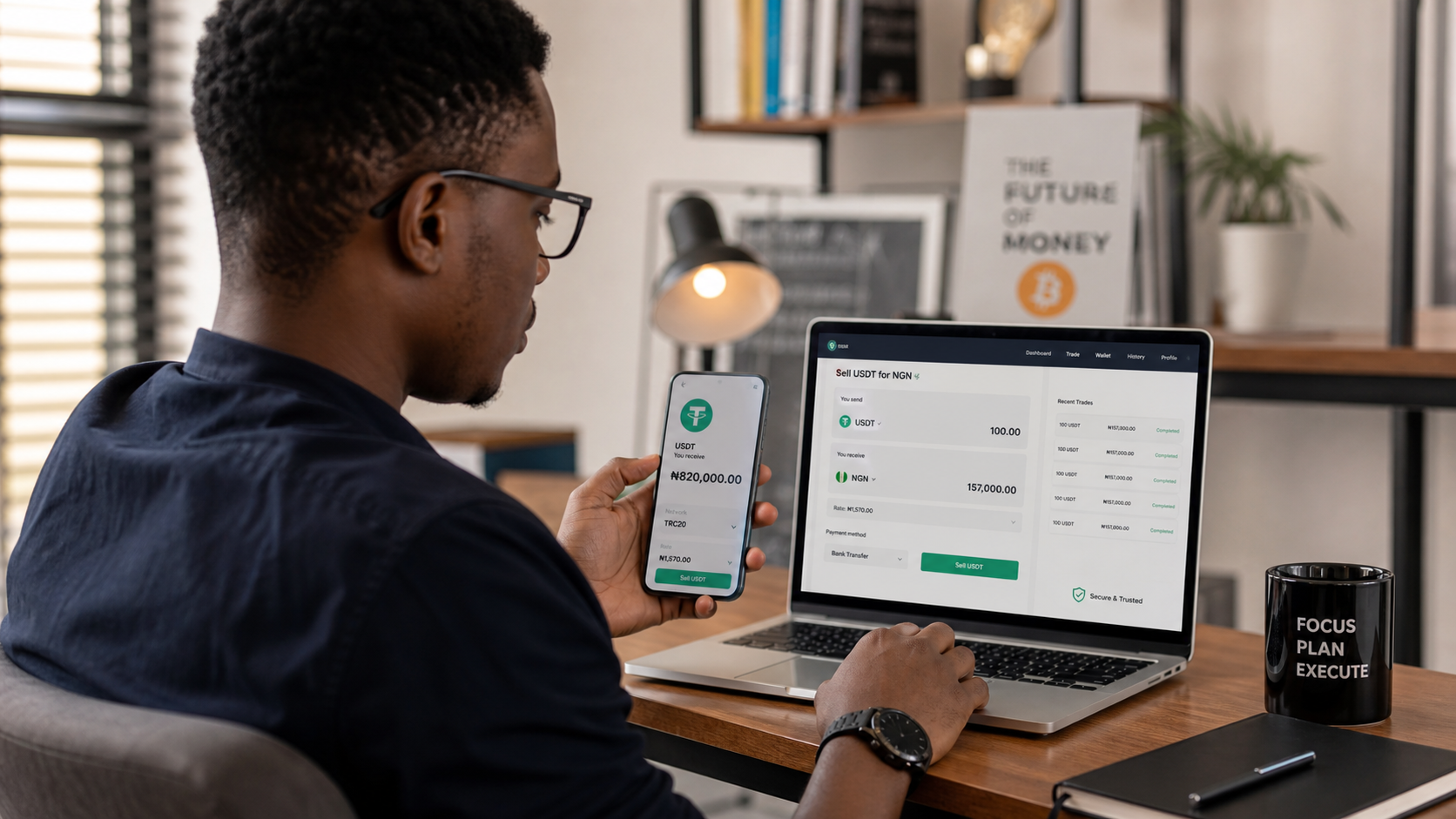 User reviewing a USDT to Naira transaction flow on a laptop and phone